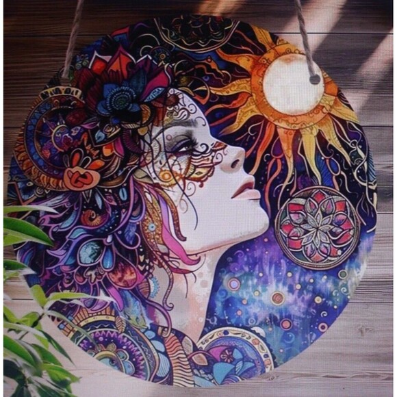 Girl & Moon Floral Decorative Metal Home Wall Decor 8" Round Gift Colorful NIP - Picture 3 of 8